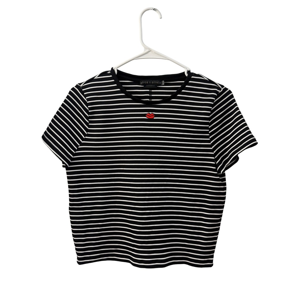 Alice + Olivia Classics Black White Striped Ribbed Lip Logo Crop Tee Shirt Chic